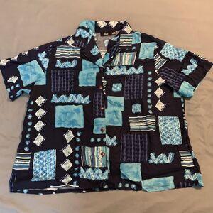 Tapestry Shirt Mens Medium Patchwork Geometric Hawaiian Made USA Vintage Style